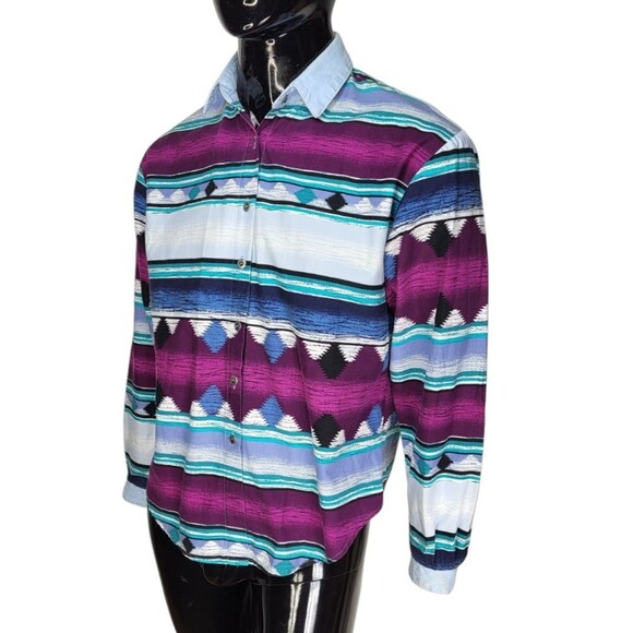 Vintage Roughrider by Circle T Western Cowboy Tribal Aztec LS Button-Down Large - Picture 1 of 8
